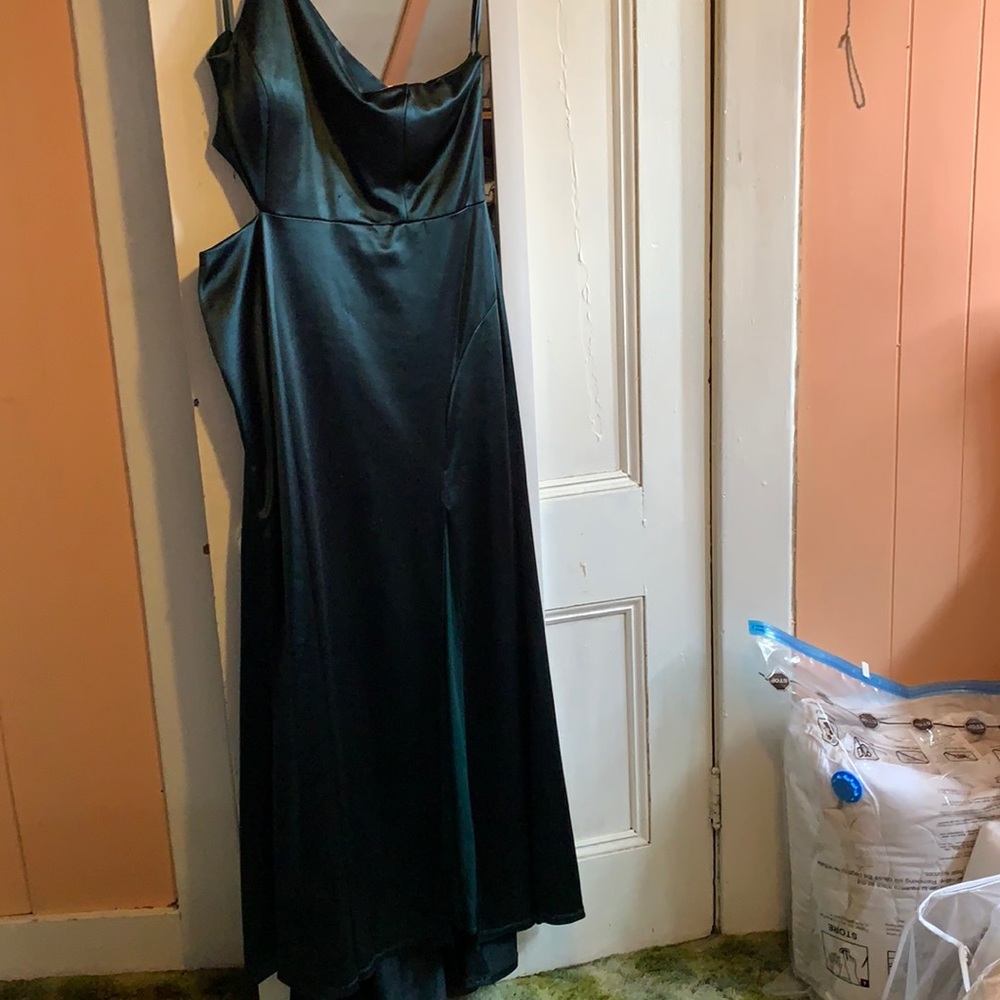 One Shoulder Stretch Satin Gown with Cutout